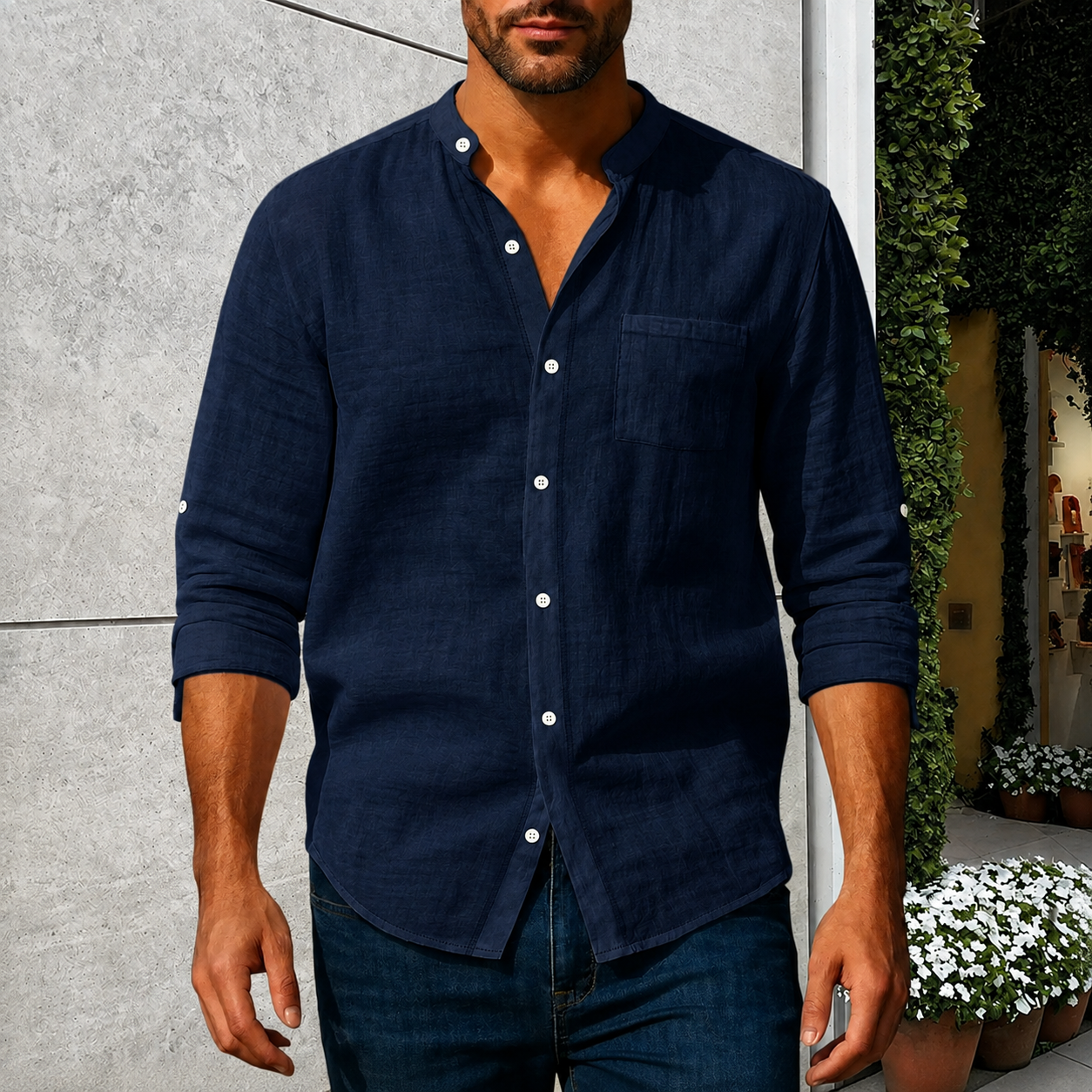 Men's Linen Long Sleeve Stand Collar Shirt