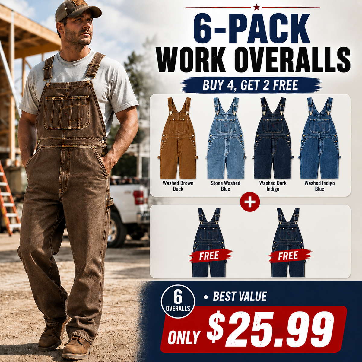 💝💝Last Day Promotion🔥Men's Denim Bib Overalls,  Workwear with Adjustable Straps and Convenient Tool Pockets