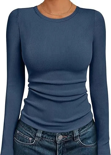 🔥Women's Long Sleeve Blouses Shirts with Ribbed Knit Work Office Basic Tops