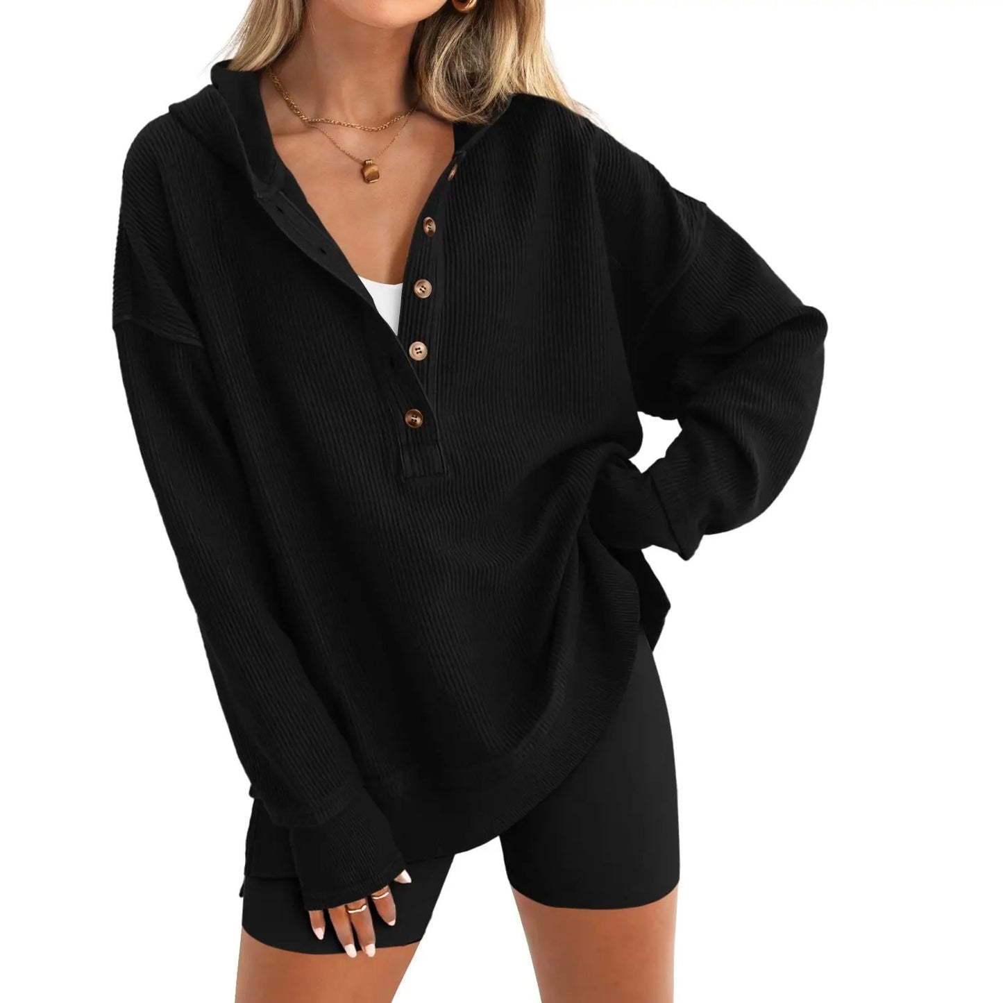 Women's Oversized Button V-Neck Hoodie Sweatshirt Long Sleeve Side Slit Casual Fall Pullover Top