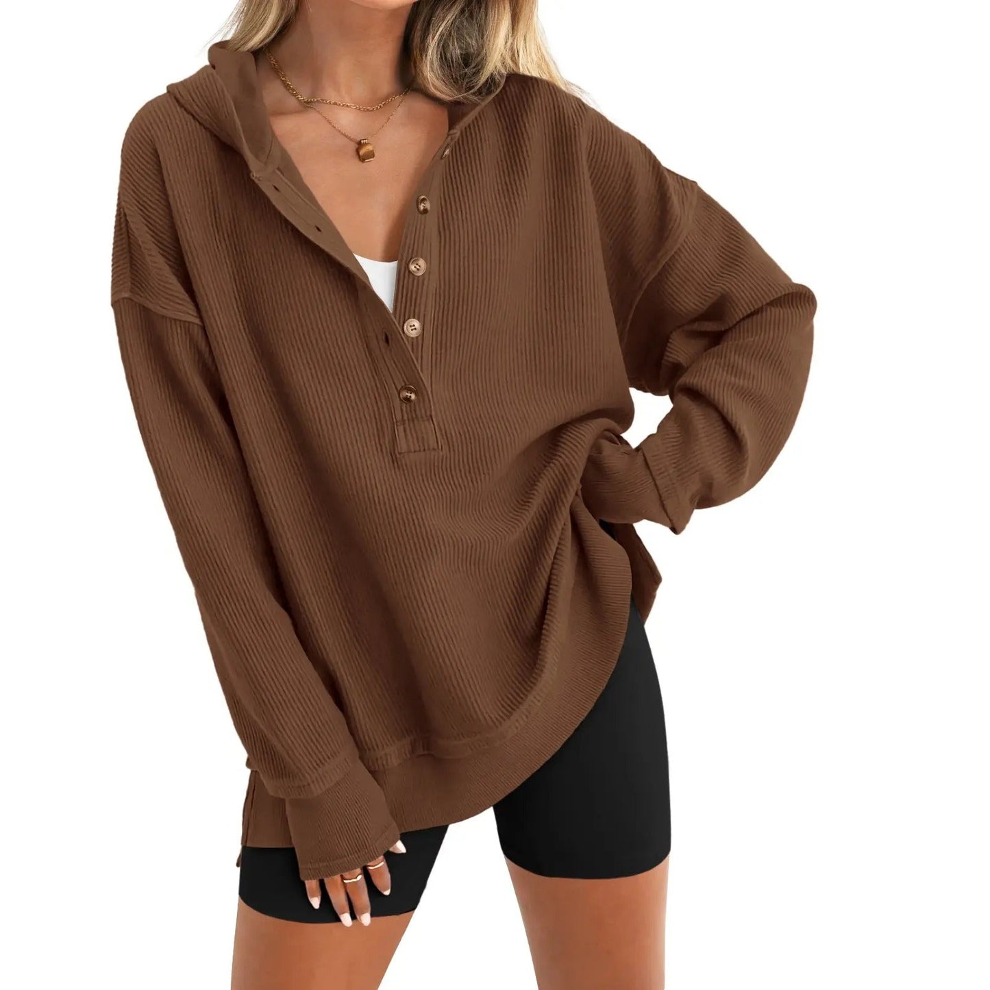 Women's Oversized Button V-Neck Hoodie Sweatshirt Long Sleeve Side Slit Casual Fall Pullover Top