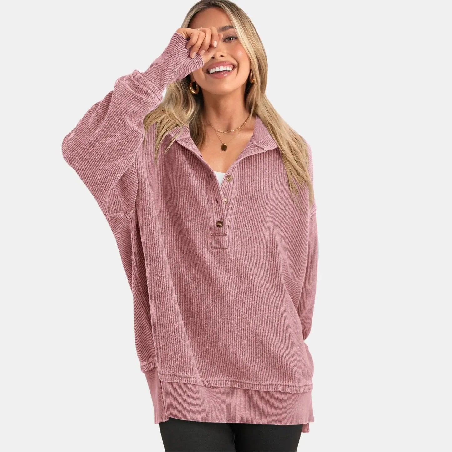 Women's Oversized Button V-Neck Hoodie Sweatshirt Long Sleeve Side Slit Casual Fall Pullover Top