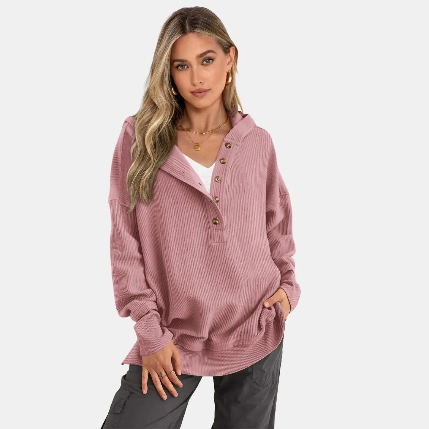 Women's Oversized Button V-Neck Hoodie Sweatshirt Long Sleeve Side Slit Casual Fall Pullover Top