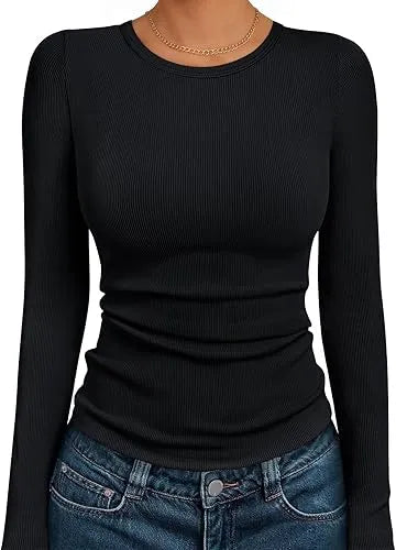 🔥Women's Long Sleeve Blouses Shirts with Ribbed Knit Work Office Basic Tops