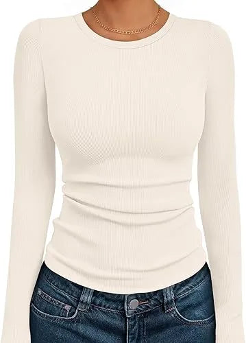 🔥Women's Long Sleeve Blouses Shirts with Ribbed Knit Work Office Basic Tops