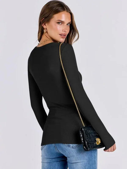🔥Women's Long Sleeve Blouses Shirts with Ribbed Knit Work Office Basic Tops