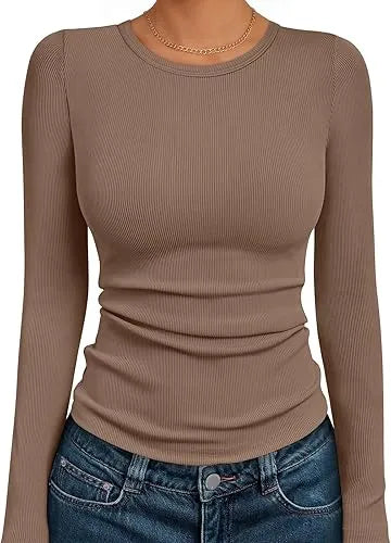 🔥Women's Long Sleeve Blouses Shirts with Ribbed Knit Work Office Basic Tops