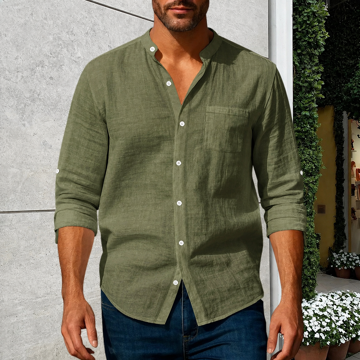 Men's Linen Long Sleeve Stand Collar Shirt