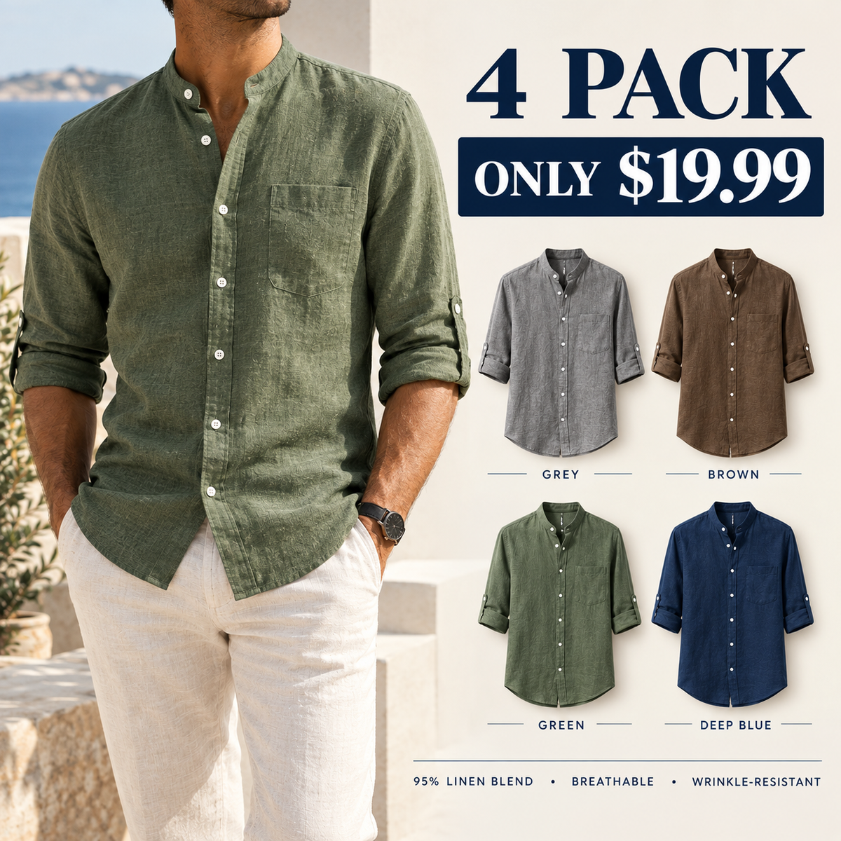 Men's Linen Long Sleeve Stand Collar Shirt