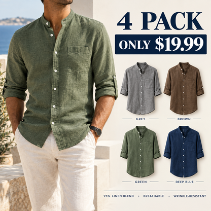 Men's Linen Long Sleeve Stand Collar Shirt