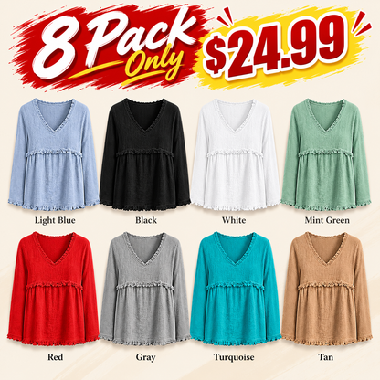 Women's Boho V Neck Long Sleeve Fringe Top Plus Size