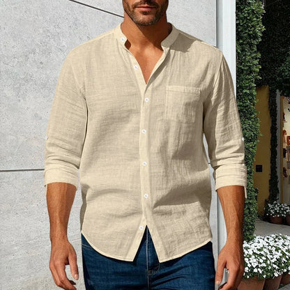 Men's Linen Long Sleeve Stand Collar Shirt