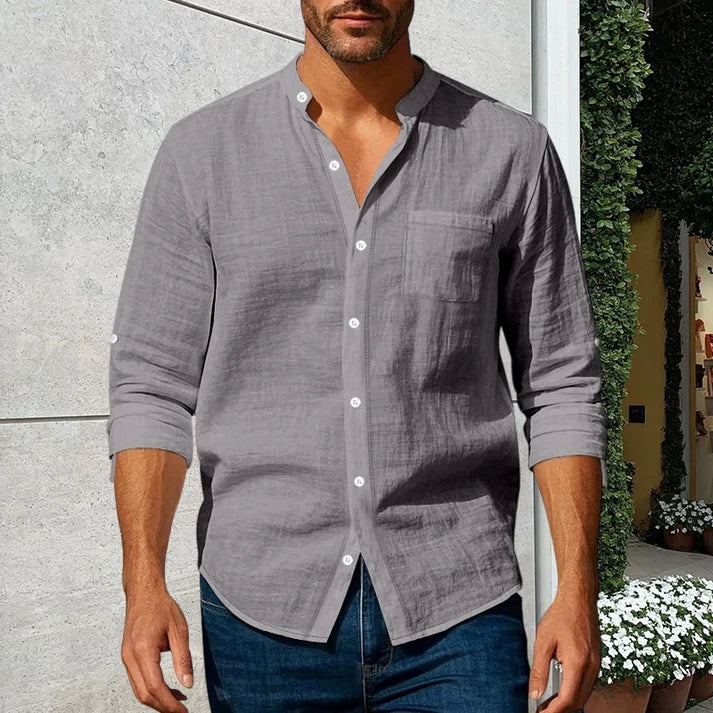 Men's Linen Long Sleeve Stand Collar Shirt