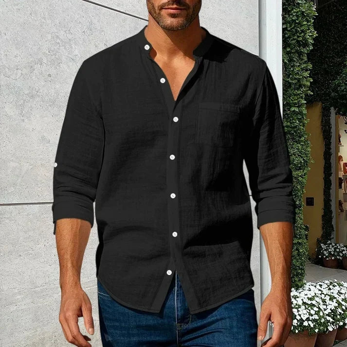 Men's Linen Long Sleeve Stand Collar Shirt