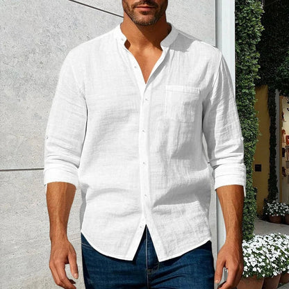 Men's Linen Long Sleeve Stand Collar Shirt